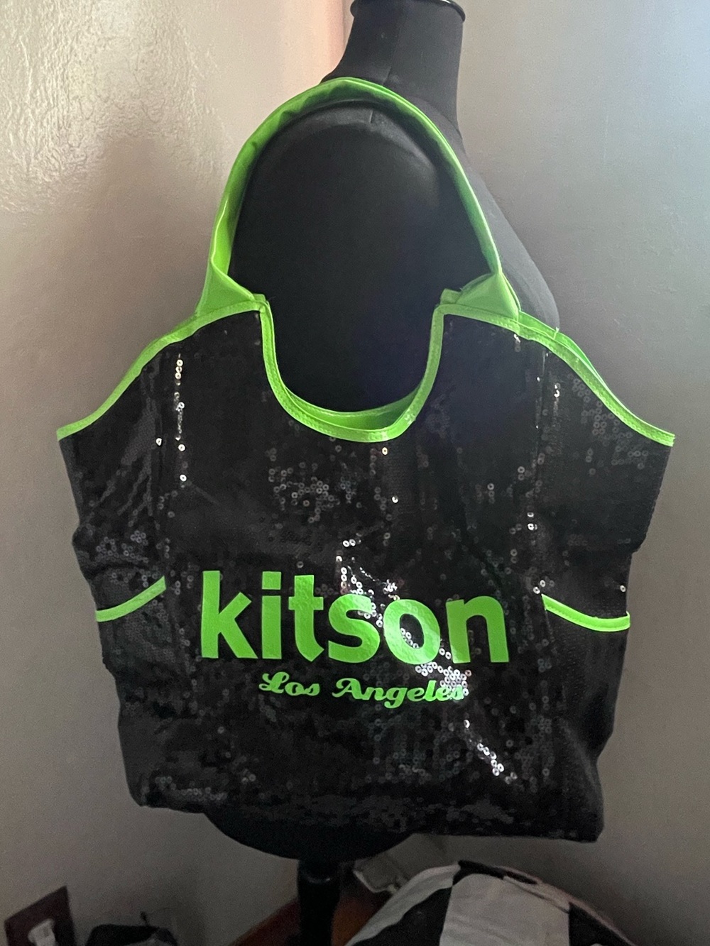 kitson Black Tote with Neon Green Trim & Logo